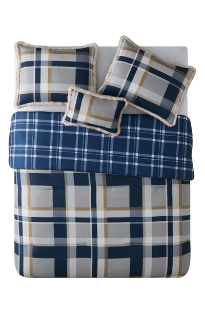 Vcny Home Odell Plaid Comforter & Sham Set With Faux Fur Trim In Navy