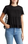 Wishlist Short Sleeve Embroidered Mesh Babydoll Top In Black