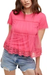 Wishlist Short Sleeve Embroidered Mesh Babydoll Top In Pink