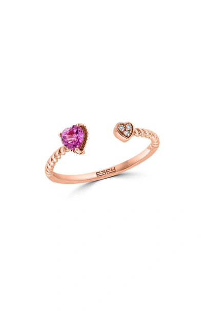 Effy 14k Rose Gold Diamond & Pink Sapphire Heart Open Band Ring
