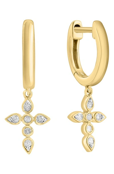 Effy 14k Gold Plated Sterling Silver Diamond Cross Drop Huggie Hoop Earrings In Yellow Gold