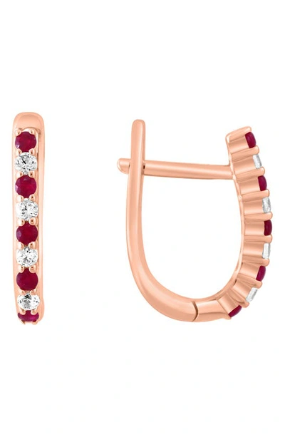 Effy 14k Rose Gold Plated Sterling Silver White Sapphire & Ruby Huggie Hoop Earrings In Red