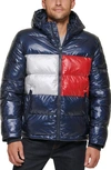 Tommy Hilfiger Quilted Puffer Hooded Mid Length Jacket In Navy Flag Colorblock