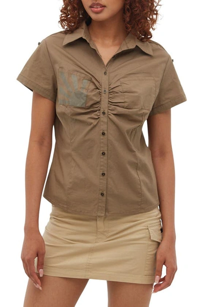 Bench Debdale Heritage Cap Sleeve Button-up Shirt In Covert Khaki