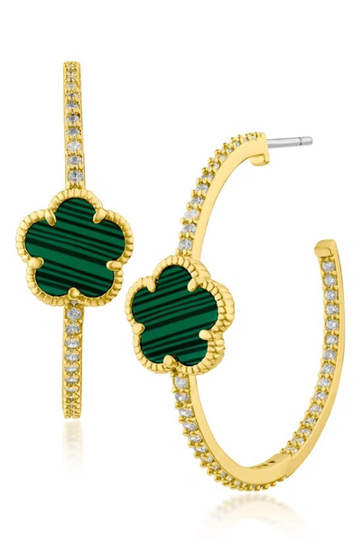 Cz By Kenneth Jay Lane Cz Pavé Clover Hoop Earrings In Green/ Gold