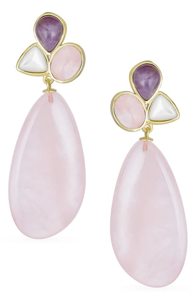 Bling Jewelry Geometric Rose Quartz Teardrop Earrings In Pink