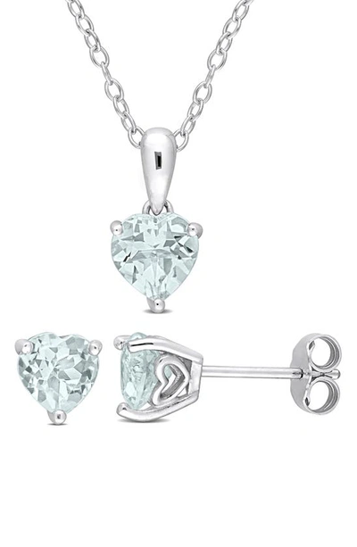 Delmar Heart Cut Aquamarine Pendant Necklace & Stud Earrings Set In Blue