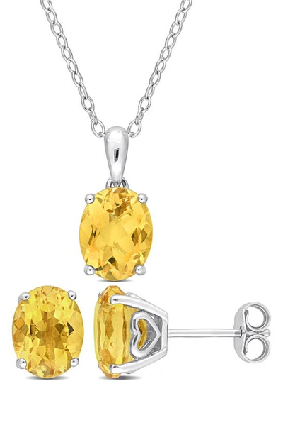 Delmar Oval Cut Citrine Pendant Necklace & Stud Earrings Set In Silver/ Yellow