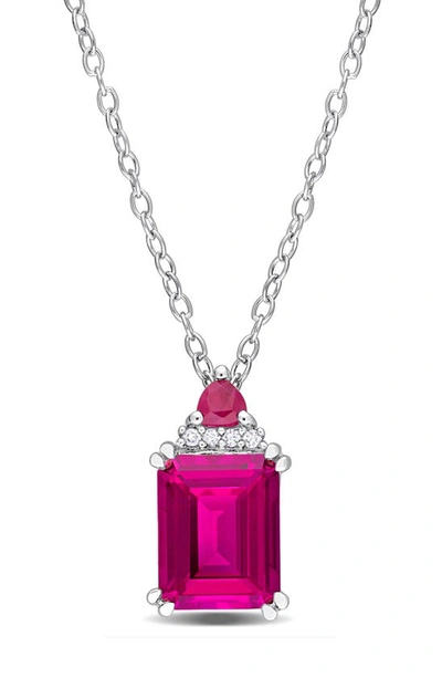 Delmar Sterling Silver Emerald Cut Pink Topaz & Diamond Pendant Necklace