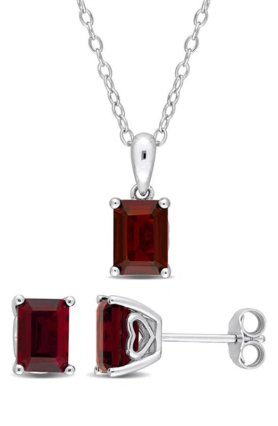 Delmar Emerald Cut Garnet Pendant Necklace & Stud Earrings Set In Red