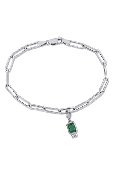 Delmar Sterling Silver Lab Created Emerald & Lab Created White Sapphire Charm Bracelet In Green