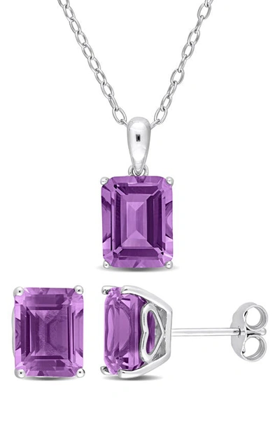 Delmar Emerald Cut Amethyst Pendant Necklace & Stud Earrings Set In Purple