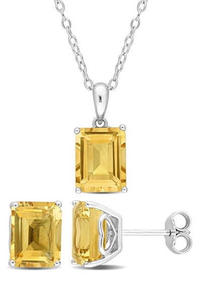 Delmar Sterling Silver Emerald-cut Citrine Stud Earrings & Necklace Set In Yellow