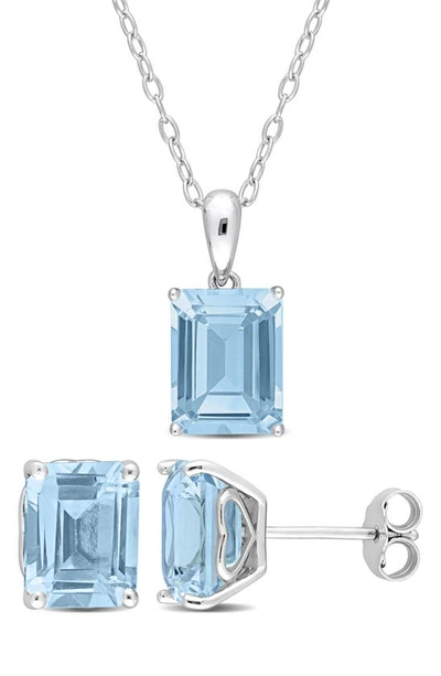 Delmar Emerald Cut Blue Topaz Pendant Necklace & Stud Earrings Set