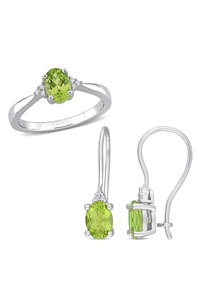 Delmar Oval Cut Peridot & Diamond Ring & Drop Earrings Set In Green