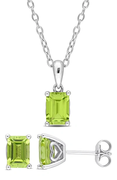 Delmar Emerald Cut Peridot Pendant Necklace & Stud Earrings Set In Green