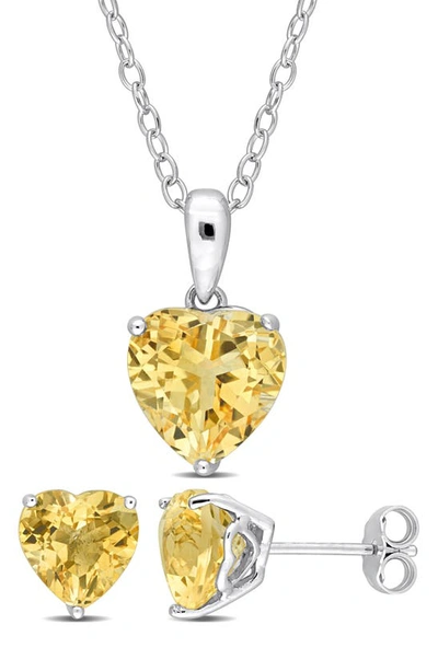 Delmar Sterling Silver Citrine Heart Stud Earrings & Necklace Set In Yellow