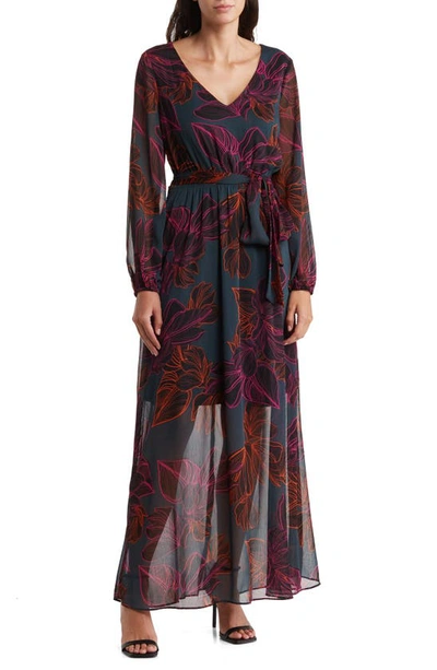 Nine West Jennifer Floral Long Sleeve Maxi Dress In Juniper Multi