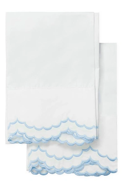 Melange Set Of 2 Double Scallop Embroidered 300 Thread Count Cotton Pillowcases In Blue