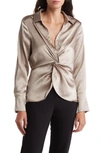 Pleione Front Twist Long Sleeve Satin Peplum Top In Taupe