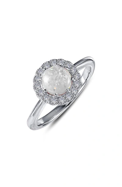 Lafonn Platinum Bonded Sterling Silver Simulated Opal & Simulated Diamond Halo Ring In White/ Silver
