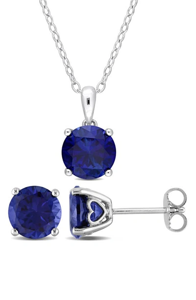 Delmar Sterling Silver Round Lab Created Sapphire Stud Earrings & Necklace Set In Blue