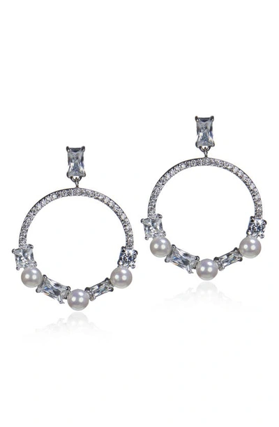 Cz By Kenneth Jay Lane Cz & Imitation Pearl Ring Drop Earrings In White/ Clear/ Silver