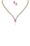 Cz By Kenneth Jay Lane Cubic Zirconia Stud Earrings & Tennis Necklace Set In Pink/ Gold