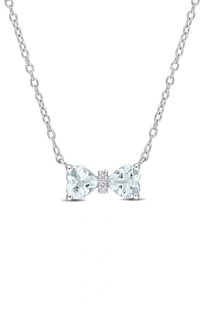 Delmar Sterling Silver Double Heart Aquamarine & Diamond Pendant Necklace In Blue