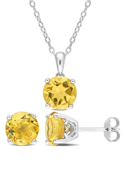 Delmar Sterling Silver Round Citrine Stud Earrings & Necklace Set In Yellow