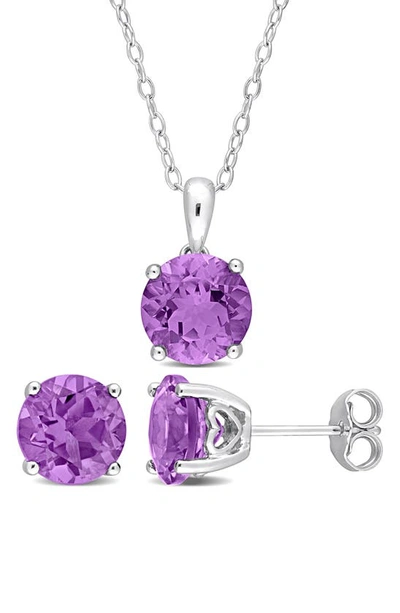 Delmar Round Cut Amethyst Pendant Necklace & Stud Earrings Set In Purple