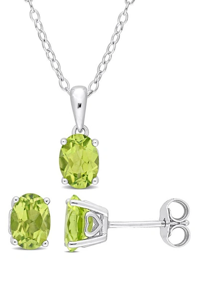 Delmar Sterling Silver Oval Peridot Stud Earrings & Necklace Set In Green