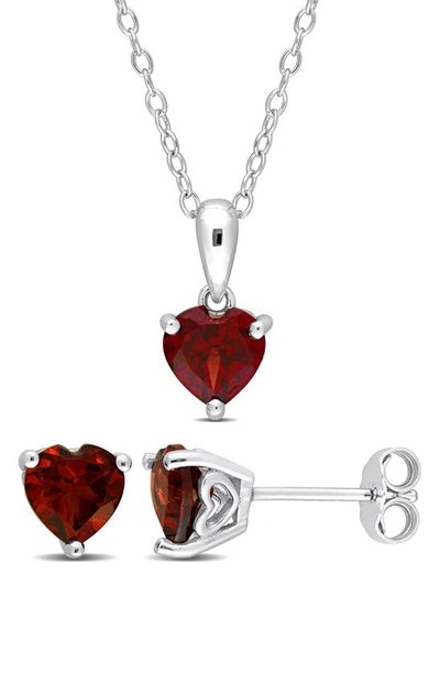 Delmar Sterling Silver Garnet Heart Stud Earrings & Necklace Set In Red