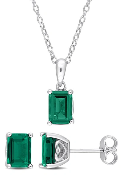 Delmar Emerald Cut Lab Created Emerald Pendant Necklace & Stud Earrings Set In Green