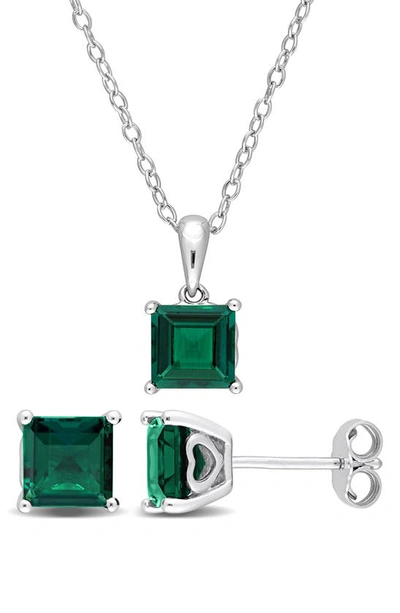 Delmar Square Cut Lab Created Emerald Pendant Necklace & Stud Earrings Set In Green
