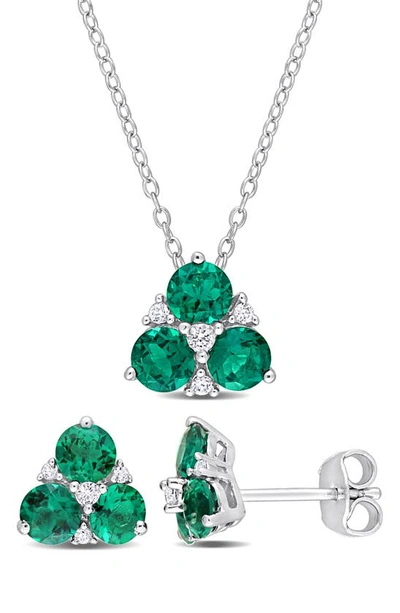 Delmar Lab Created Emerald & Lab Created White Sapphire Pendant Necklace & Stud Earrings Set In Green