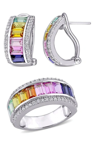 Delmar Sterling Silver Multicolor Sapphire Half Huggie Hoop Earrings & Ring Set