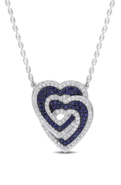 Delmar Sterling Silver Lab Created White & Blue Sapphire Heart Pendant Necklace