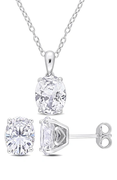 Delmar Oval Cut Lab Created White Sapphire Pendant Necklace & Stud Earrings In Silver
