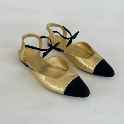 Chanel Gold/Black Textured Leather and Satin CC Cap Toe Bow Ballet Flats  Size 37.5 Chanel