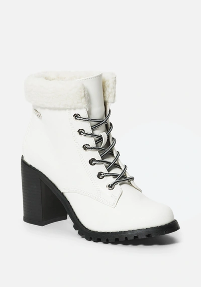 Bebe Kimmberly Lace Up Bootie In White Faux