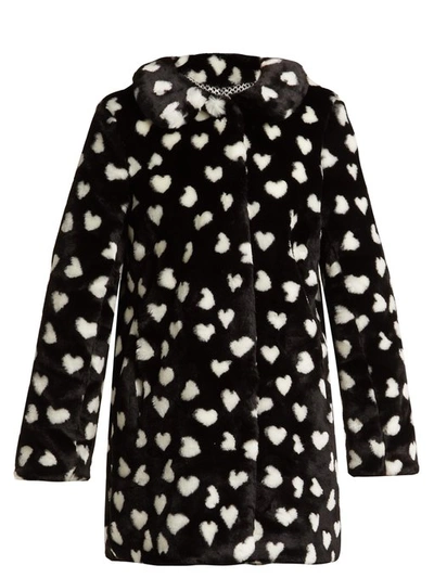 Hvn Courtney Heart-print Faux-fur Coat In Black/white