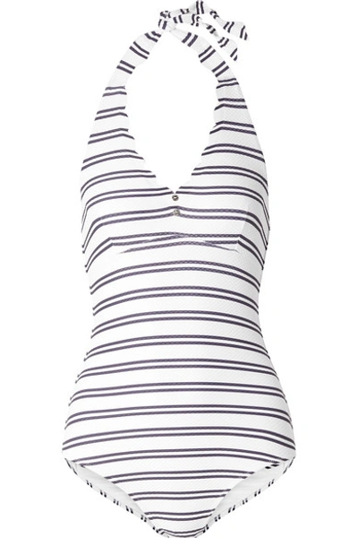 Heidi Klein Bequia Scalloped Striped Stretch-pique Halterneck Swimsuit In White