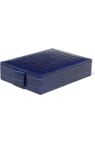 Smythson Mara Croc-effect Leather Jewelry Box In Cobalt Blue