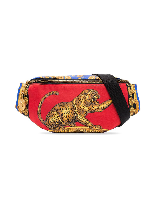 Versace Barocco Pillow Talk Leather And Nylon Fanny Pack In Blue Versace Barocco Pillow Talk Leather And Nylon Fanny Pack In Blue