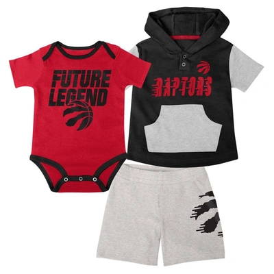 Outerstuff Babies' Infant Red/black/gray Toronto Raptors Bank Shot Bodysuit, Hoodie T-shirt & Shorts Set