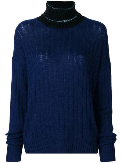 Prada Two-tone Ribbed Cashmere Turtleneck Sweater In Blue