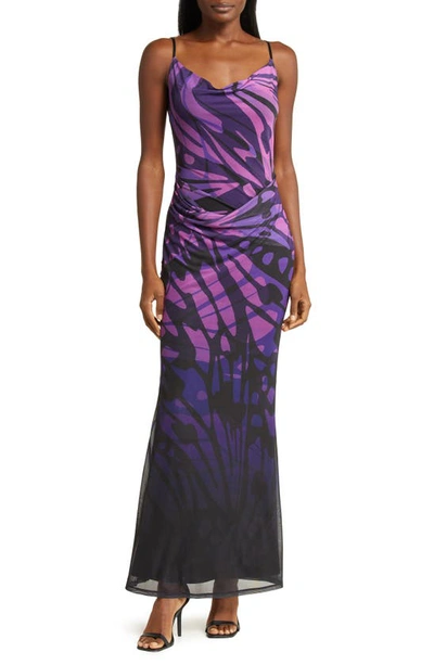 Afrm Gillian Maxi Dress In Purple Mesh With Butterfly Ombre Print