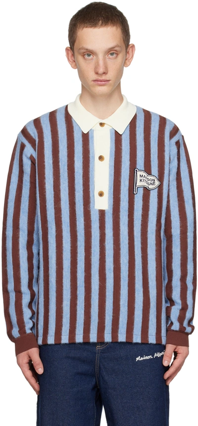 Maison Kitsuné Striped Two-tone Baby Alpaca Polo Shirt In Blue
