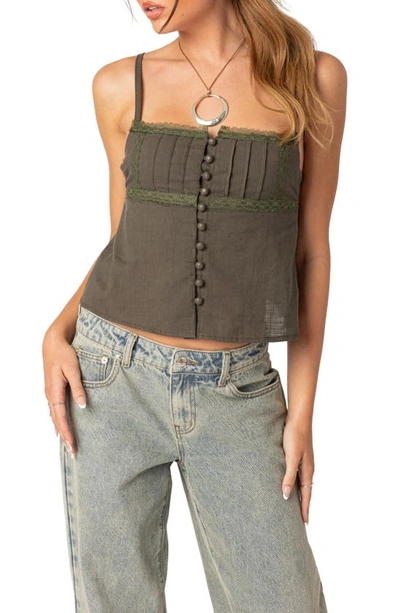 Edikted Pintuck Button-up Camisole In Olive